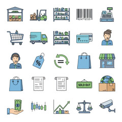 Collection of illustrated icons depicting various aspects of retail and commerce, including shopping and financial transactions.