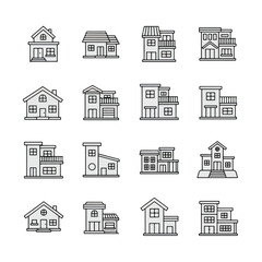 Collection of twelve house icons, showcasing different architectural styles in simple line art on a white background.