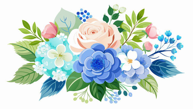 Vector art of watercolor floral bouquet with roses, hydrangea and leaves for wedding invitations, greeting cards and other projects