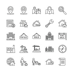 A collection of line art icons representing real estate and property concepts.