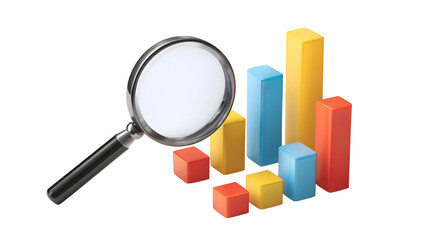 Magnifying glass over a colorful bar chart representing business data and trends