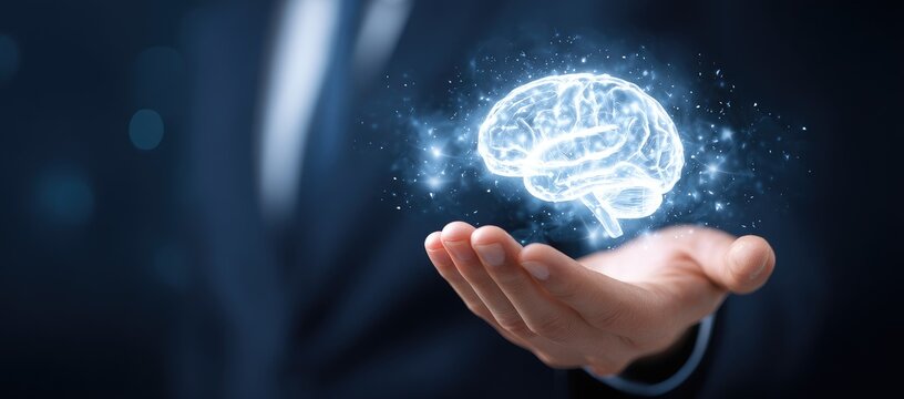 Glowing brain image held gently in a person's palm, suggesting intellect, ideas, or knowledge