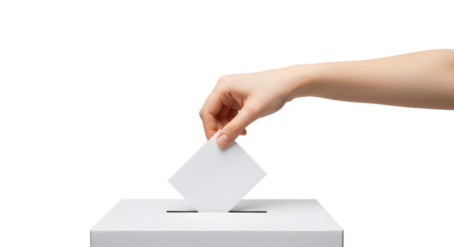 Person placing blank vote into voting box with Transparent Background