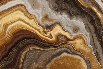 Abstract swirling pattern of brown, gold, and grey tones; resembling agate or marble with glittering inclusions