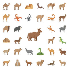 Flattened illustrations of various desert animals and desert landscape features.