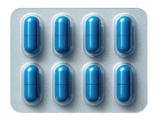 Blister strip with eight blue capsules
