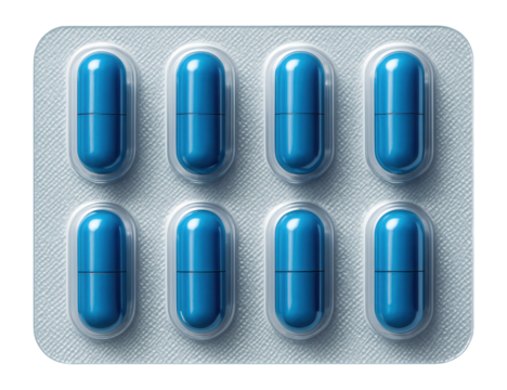 Blister strip with eight blue capsules