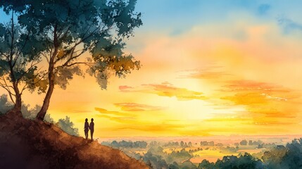 Romantic Sunset Over Landscape with Silhouetted Couple Enjoying View