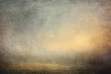 Abstract textured landscape with muted grey, beige, and gold tones suggesting a hazy sunrise or sunset over a flat horizon