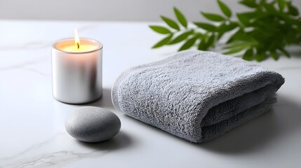 Serene spa setup with towel, candle, and natural elements.