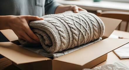 Hands packing a cozy knit sweater into a cardboard box for shipping or storage
