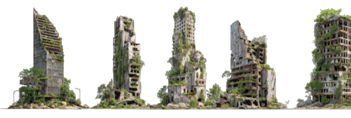 Abandoned high-rises overgrown with vegetation