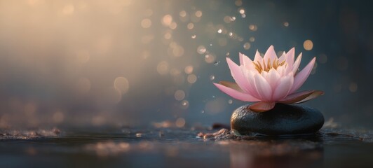 Minimalistic Beautiful Lotus in Full Bloom with Water Reflection, Soft Warm Morning Light, Raining Day, Bright Bokeh Background, Ample Negative Space for Text or Branding, Peaceful 