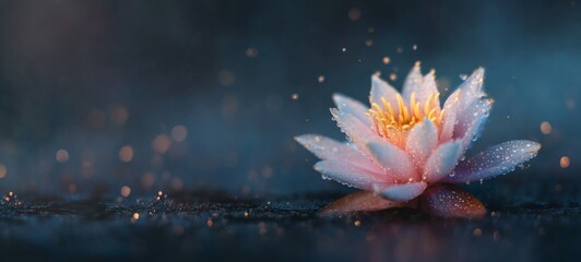 Minimalistic Beautiful Lotus in Full Bloom with Water Reflection, Soft Warm Morning Light, Raining Day, Bright Bokeh Background, Ample Negative Space for Text or Branding, Peaceful 