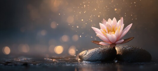 Minimalistic Beautiful Lotus in Full Bloom with Water Reflection, Soft Warm Morning Light, Raining Day, Bright Bokeh Background, Ample Negative Space for Text or Branding, Peaceful 
