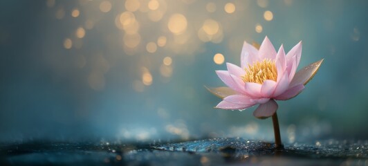 Minimalistic Beautiful Lotus in Full Bloom with Water Reflection, Soft Warm Morning Light, Raining Day, Bright Bokeh Background, Ample Negative Space for Text or Branding, Peaceful 