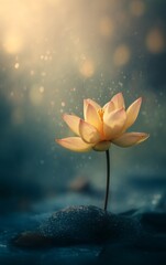 Minimalistic Beautiful Lotus in Full Bloom with Water Reflection, Soft Warm Morning Light, Raining Day, Bright Bokeh Background, Ample Negative Space for Text or Branding, Peaceful 