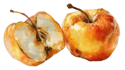 Two weathered apples, halved, show decay