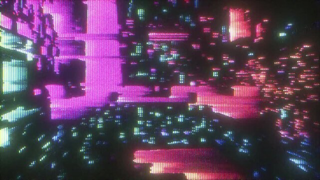 4K Digital glitch tunnel with pixel blocks and neon RGB distortion for cyberpunk motion graphics, retro-futuristic screen overlays, corrupted data aesthetics
