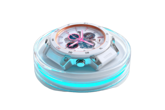 White watch on a glowing white pedestal