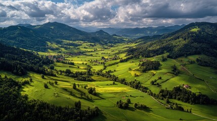 Fototapeta premium Aerial view of idyllic rolling hills and farmland in the Canton of Aargau, Switzerland on an overcast day