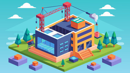 Fototapeta premium Vector art of isometric illustration of a construction site with crane and building, urban development project, real estate and architecture concept, flat design