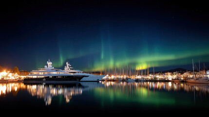 Fototapeta premium stunning scene featuring premium yachts gliding gracefully beneath magical northern lights