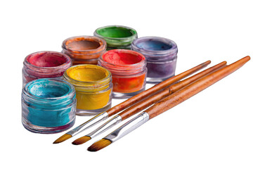 Colorful paint containers and brushes