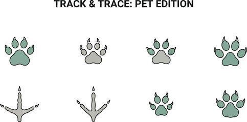 Fototapeta premium “Track & Trace: Pet Edition” icon set—12 modular animal footprints with movement types for educational UX, wildlife tracking, and gamified pet interfaces