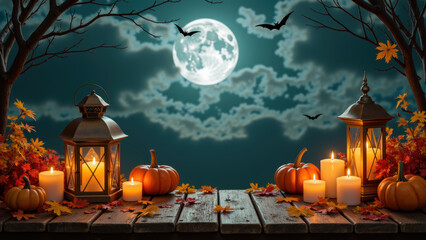 Cozy autumn scene featuring glowing lanterns, pumpkins, and candles set against full moon and cloudy night sky. atmosphere evokes sense of warmth