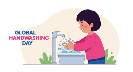 Illustration of a child washing hands with soap under a tap for global handwashing day promotion