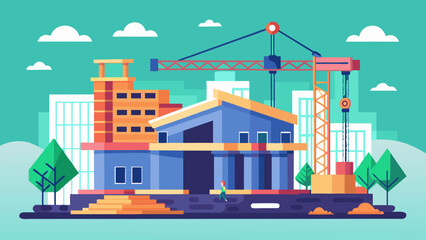 Illustration of a construction site with a crane building a house, showcasing urban development and architectural design in a modern style