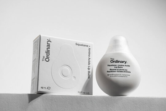 Strasbourg, France - August 2025 : The Ordinary Moisturizing Lip Balm. Minimalist product photo box and tube packaging hero shot