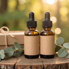 Natural essential oils in amber glass bottles, surrounded by greenery and soft bokeh lights, evoke sense of tranquility and wellness