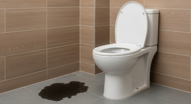 A toilet has leaked water onto the tile floor in the bathroom