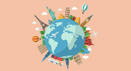 World globe surrounded by famous landmarks and airplanes on a light orange background color scheme