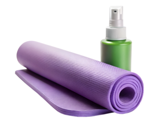 Rolled up purple yoga mat with a green spray bottle isolated on transparent background