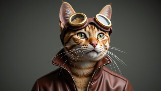 Stylish cat wearing goggles and leather jacket exudes sense of adventure and confidence. This unique feline character captures attention with its