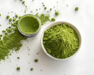 Bowl with matcha tea on white background