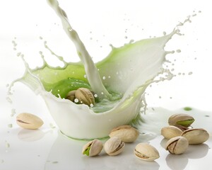 Pistachio Milk Splashing with pistachio nut falling white background
