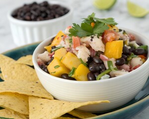 scooping black bean salsa with crab and mango