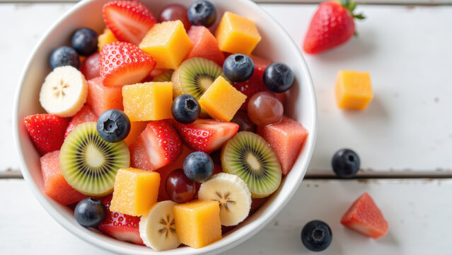 Fresh fruit salad with strawberries, blueberries, kiwi, watermelon, cantaloupe, and banana, offering colorful and healthy snack option - Powered by Adobe