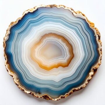 Translucent blue agate slice showcasing concentric banding patterns, natural art on white background