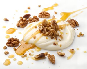 yogurt with honey drizzle and walnuts on white background
