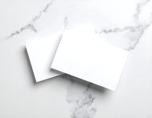 Two Blank White Cards on Marble: Minimalist Mockup, Top View.