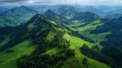 Fototapeta premium Aerial view of lush green hills and mountains in Appenzell region of Switzerland on a cloudy day during summer