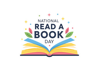 National read a book day celebration with open book and colorful design elements on white background