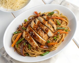  teriyaki chicken pasta on white background