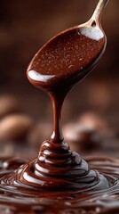 Close up flow of liquid chocolate forming a smooth wall like a waterfall, rich glossy texture filling the entire background, delicious cocoa dessert concept for sweet food design