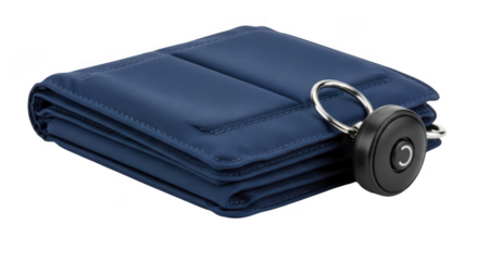 Blue fabric wallet folded and closed with a key ring and fob, isolated on transparent background